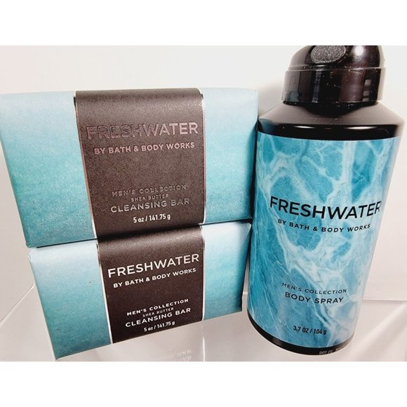 3pc FRESHWATER Bath & Body Works Mens Set 2 Cleansing Soap Bars Body Spray NEW - Picture 2 of 8